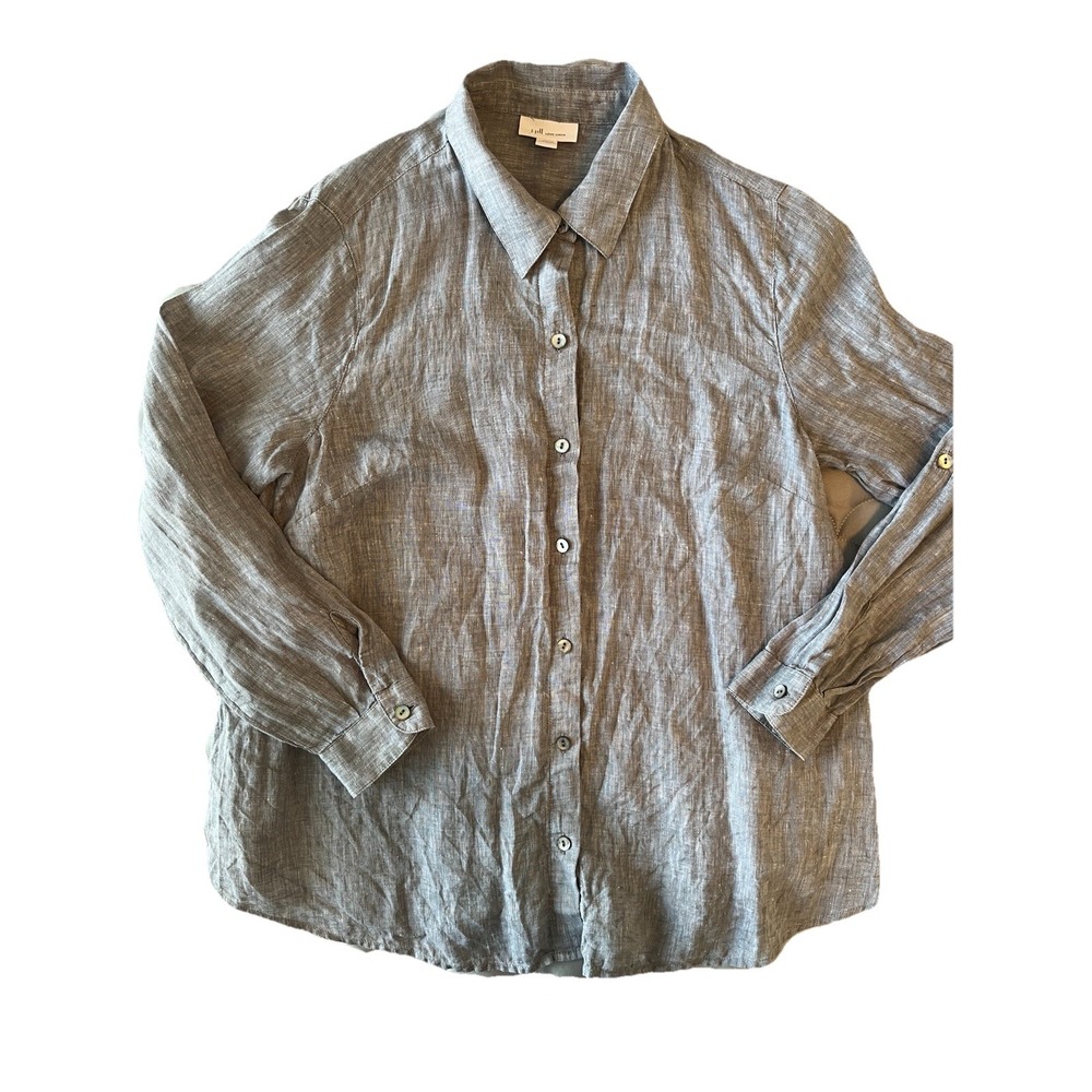 J Jill Love Linen Size Small Gray 100% Linen Button Essential Shirt Long Sleeves